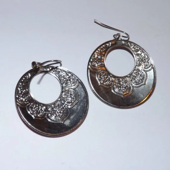 Pink Hanging Circle Dangle Hoop Earrings Eastern Asian Indian Silver Statement - Picture 2 of 2